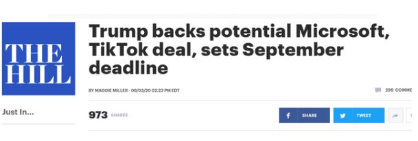 特朗普3日在白宫记者会上赞成微软收购TikTok